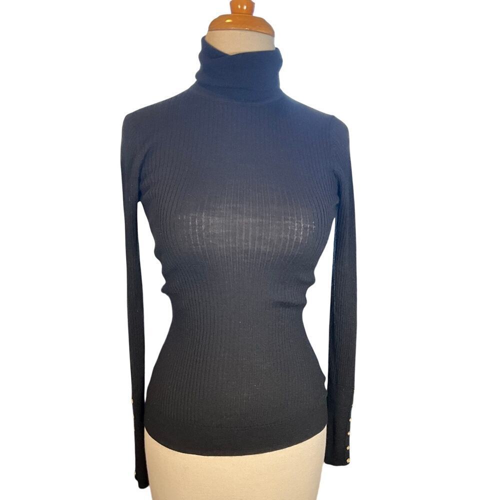 Hobbs London 100% Merino Wool Turtleneck Black Ribbed Button Cuff Sweater Small